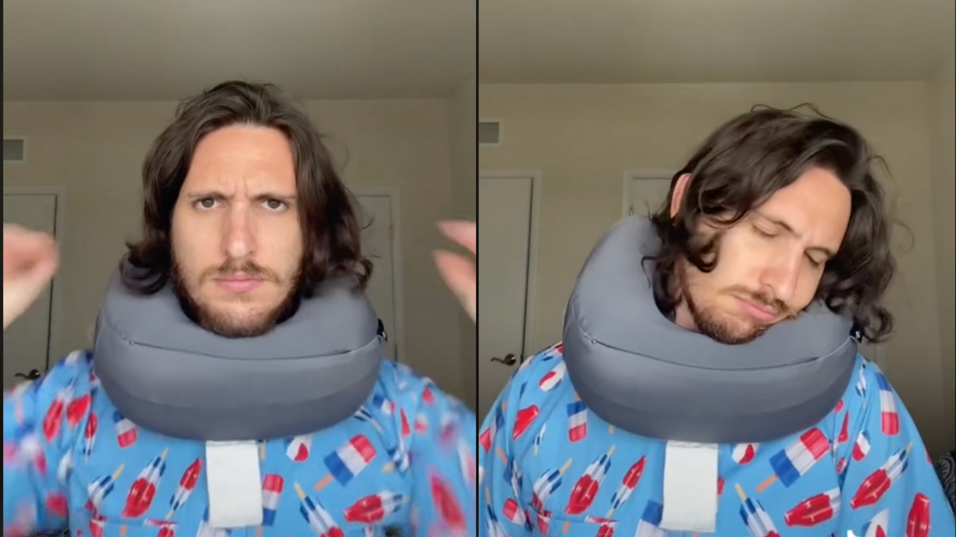 Sidneyraz將頸枕掛在脖子前方，扣環扣在後方。（翻攝自Sidneyraz TikTok）