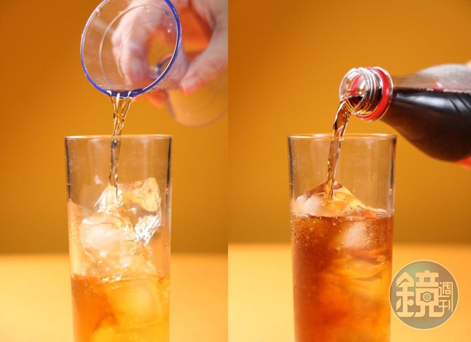 普雷森鳳梨蘭姆酒與可樂比例為 1：3，也可依個人對酒感喜好度將比例 調整為1：2。