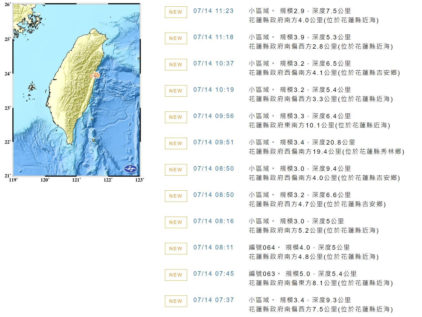 根據中央氣象局資料顯示，截至今天上午11點半前已累計28起有感地震。（中央氣象局提供）