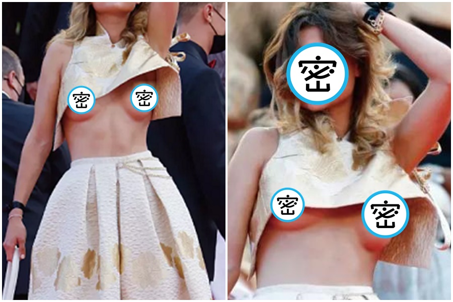 第74屆坎城影展一名女賓無料放送事故，引發網友暴動。（翻攝自推特）