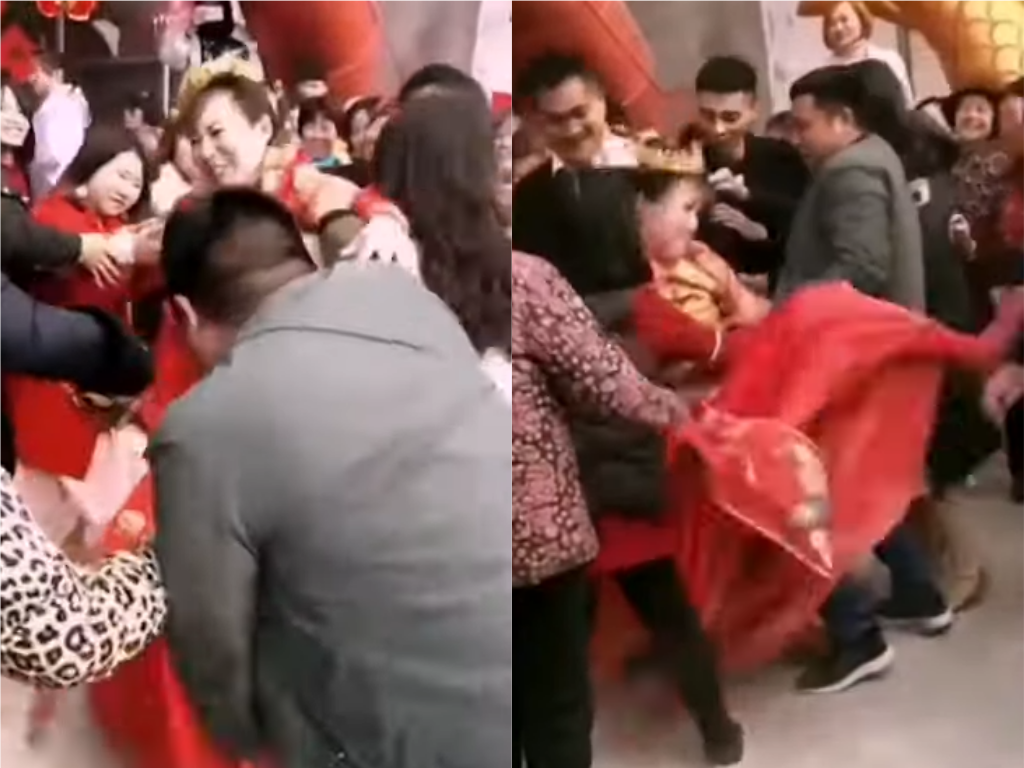 中國一名新娘慘遭眾男婚鬧「硬上」，氣到忍無可忍使出無影腳反擊。（翻攝「糗事乞丐君」微博）