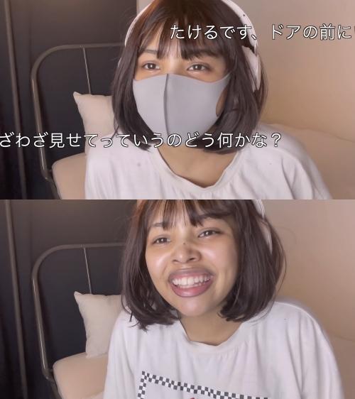 影片中momohaha在粉絲的要求之下摘下口罩。(翻攝自momohaha YouTube)