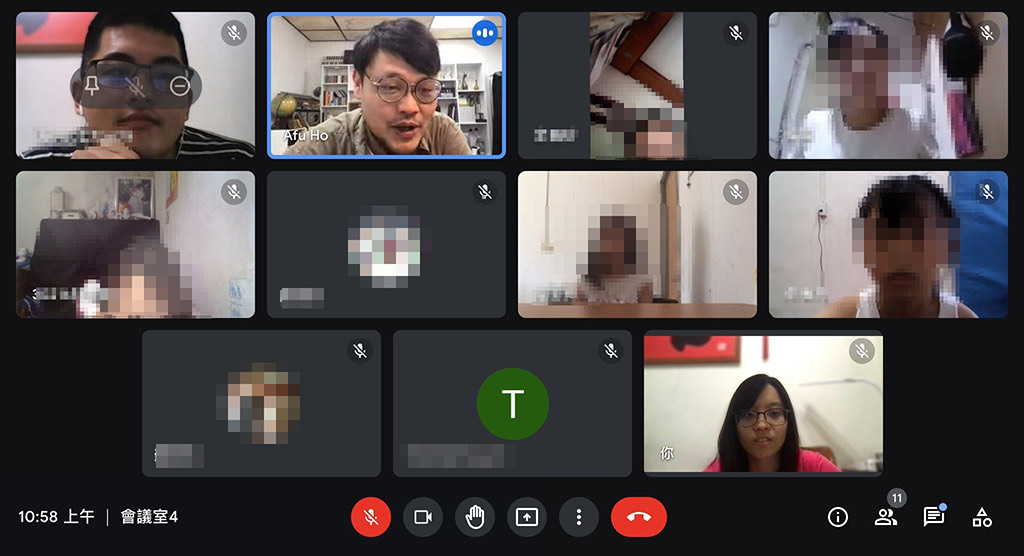 魚丁糸的團長可田（圖藍框處）悄然現身在慈濟弱勢學童線上伴學的群組中。（慈濟提供）