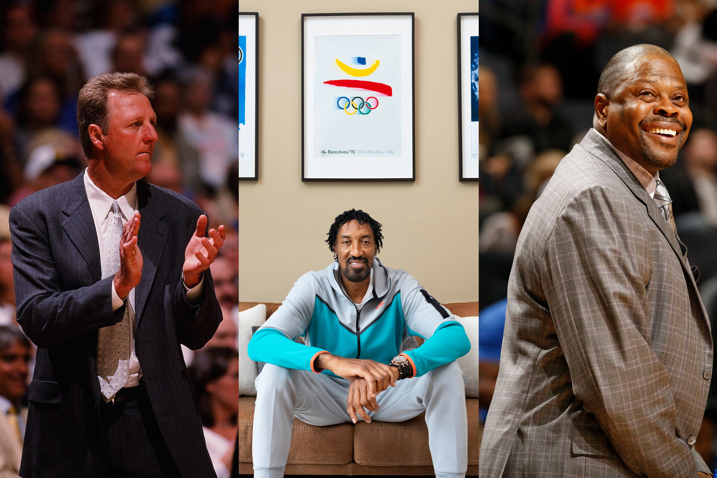 Airbnb推出奧運線上體驗，遊客將能與NBA傳奇球星左起Larry Bird、Scottie Pippen、Patrick Ewing等零距離互動。（Airbnb提供）