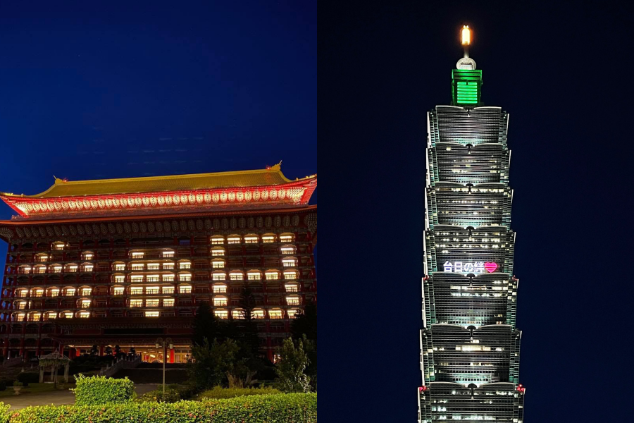 對於日本贈送台灣疫苗,圓山大飯店及台北101都以「打燈」表達感謝。(翻攝自圓山大飯店、台北101臉書)