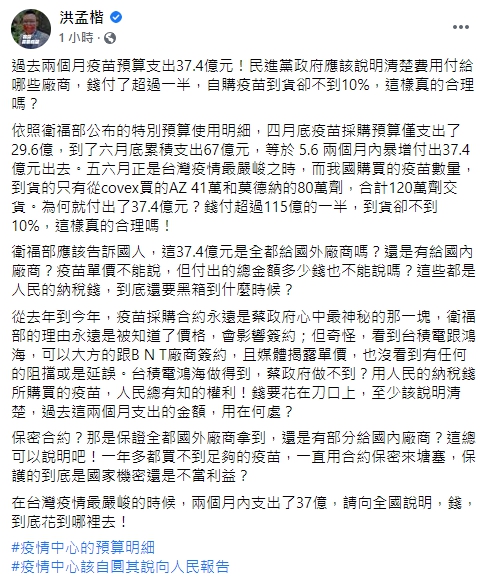 洪孟楷質疑，5、6月疫苗採購預算就花了超過一半，疫苗到貨數卻不到10%，很不合理。（翻攝自洪孟楷臉書）