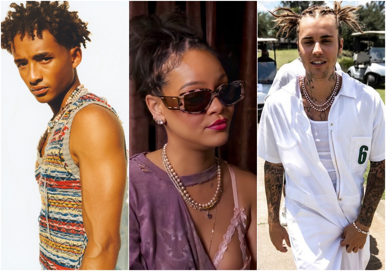 （左起）傑登史密斯（Jaden Smith）、蕾哈娜（Rihanna）、小賈斯汀（Justin Bieber）皆配戴來自飾品品牌Polite Worldwide的珍珠項鍊。（合成照片）