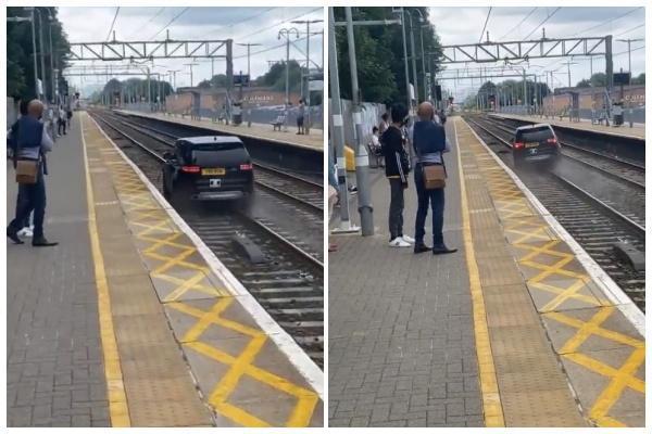偷車賊將贓車開上其中一條鐵軌,讓一旁在月台候車的通勤族看傻了眼(翻攝自@Cyp_Alii 推特)