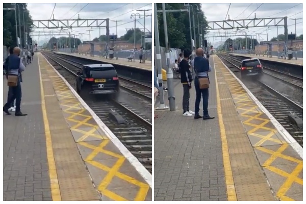 偷車賊將贓車開上其中一條鐵軌，讓一旁在月台候車的通勤族看傻了眼（翻攝自@Cyp_Alii 推特）