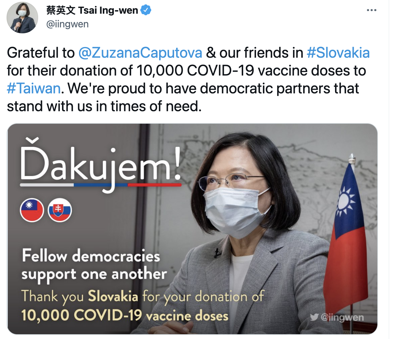 蔡英文在推特tag斯洛伐克女總統,感謝斯國捐1萬劑疫苗。(翻攝蔡英文推特)