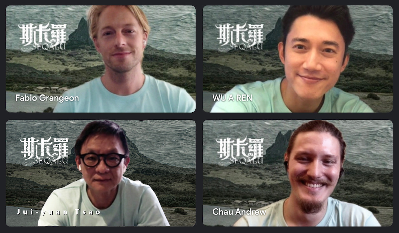 曹瑞原(右下)率演員吳慷仁(右上)、法比歐(左上)、周厚安(左下)舉辦線上記者會分享心情。(結果娛樂提供)