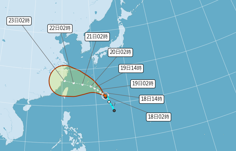 輕度颱風烟花恐將對台灣形成直接的威脅。(氣象局提供)