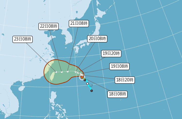 氣象局預測,週五上午8時最接近台灣東北角,屆時強度有機會發展到中颱以上。(氣象局提供)