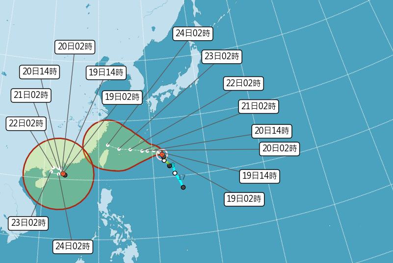 中央氣象局最新預報指出，烟花路徑較稍早的預測北偏，最快明升級為中度颱風。（氣象局提供）