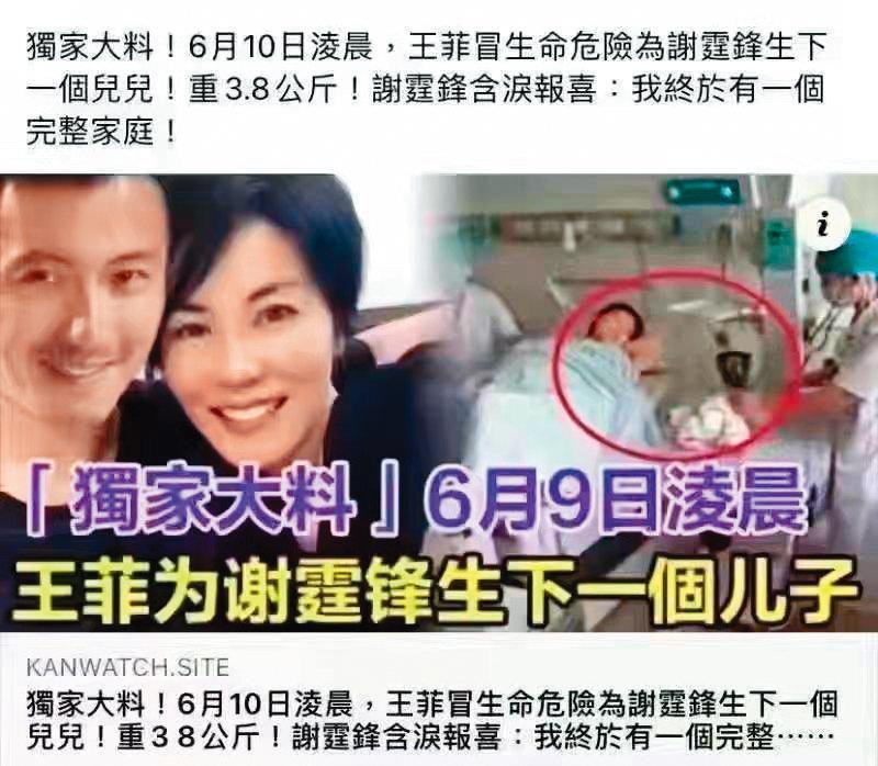 不久前網路瘋傳王菲為謝霆鋒產子,但爆料內容太荒謬,反被當成笑話。(翻攝自搜狐)
