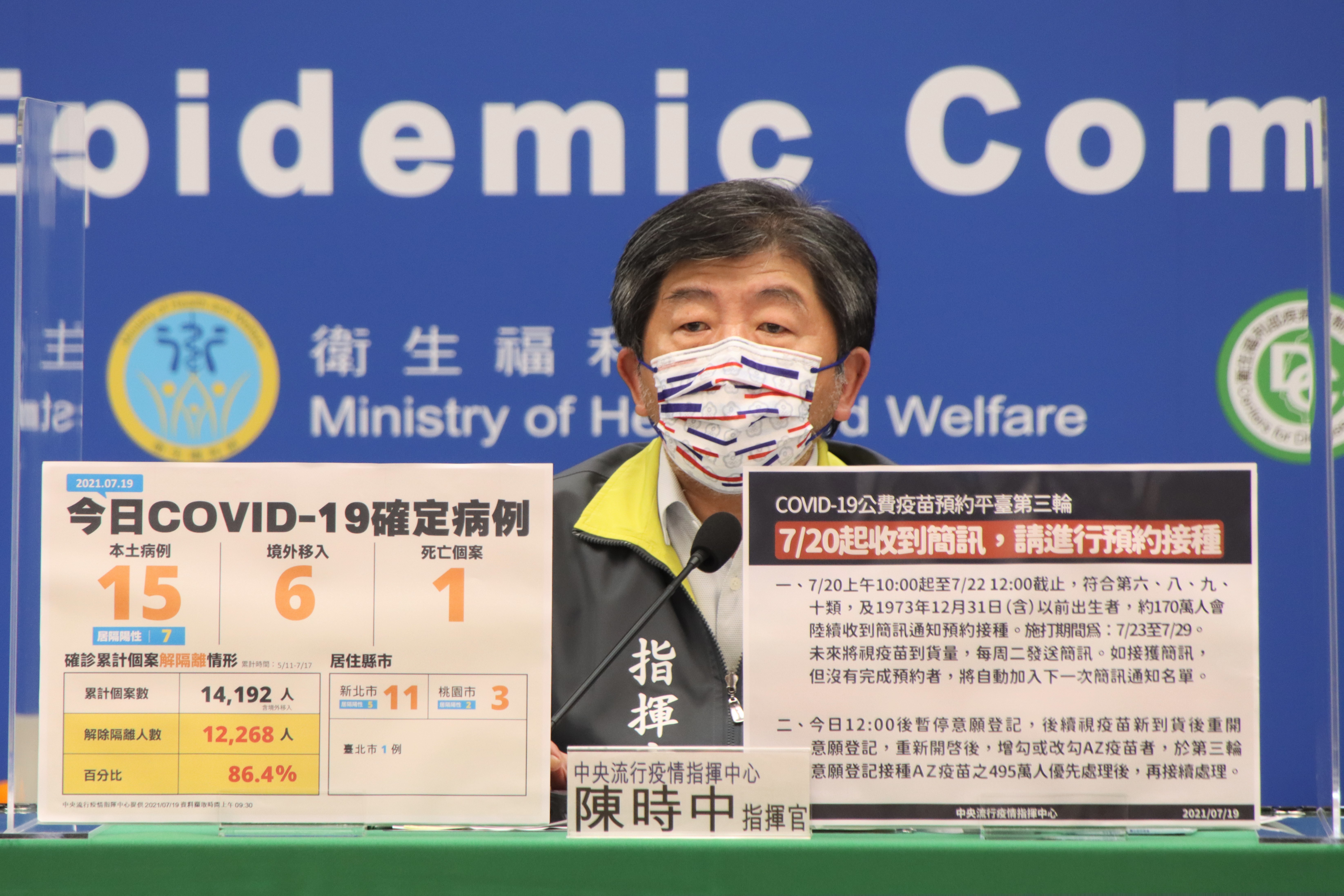 指揮官陳時中宣布，明（20日）起約有170萬人會陸續收到簡訊，進行預約施打疫苗。（指揮中心提供）