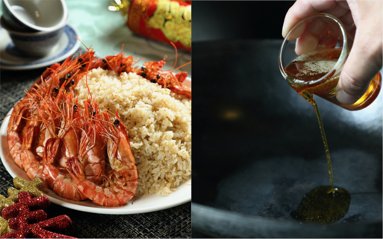 用自家監製的純苦茶，炒出Q黏帶鑊氣的「獨家飛魚卵茶蝦飯」，讓人見識澱粉魅力。（700元／份）