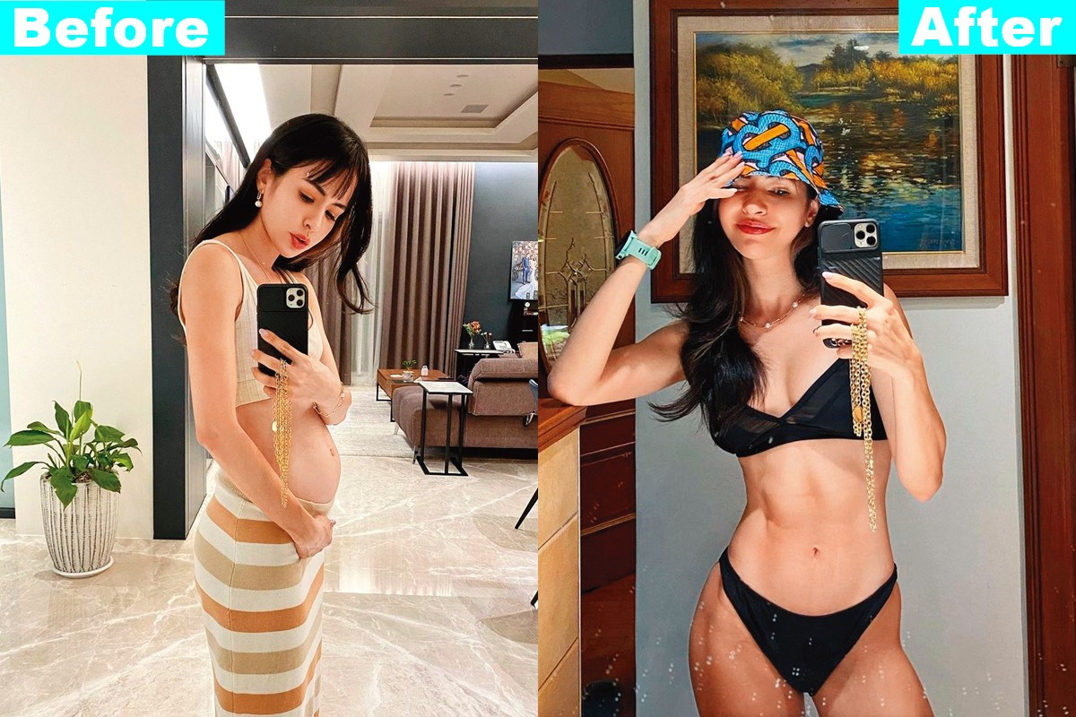 雷艾美手捧「微魚肚」害了了（左圖），隔天恢復冰塊肌（右圖），她自豪說︰「我是魯夫，伸縮自如。」（翻攝自雷艾美IG）