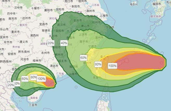 烟花侵台機率大增,花蓮縣最高上升至70%,南投以北縣市都在60%以上。(翻攝自氣象局)