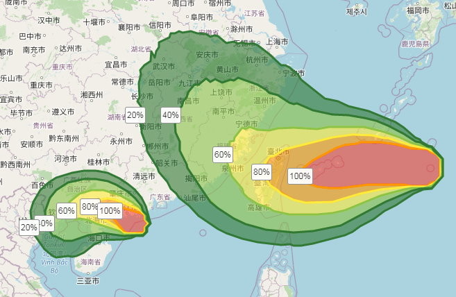 烟花侵台機率大增，花蓮縣最高上升至70%，南投以北縣市都在60%以上。（翻攝自氣象局）