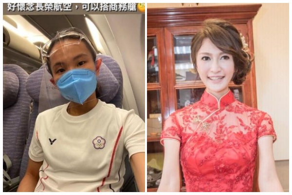 戴資穎等選手搭乘經濟艙飛往東京，黃瓊慧（右圖）狠批，每次重大體育賽事都是「一面照妖鏡」，照出體育協會的真面目。（翻攝自戴資穎IG、黃瓊慧臉書）