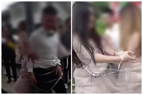 新郎和伴娘們被綁在電線桿上抽打,新郎表示這是家鄉的習俗,希望能夠延續下去。(翻攝自微博)