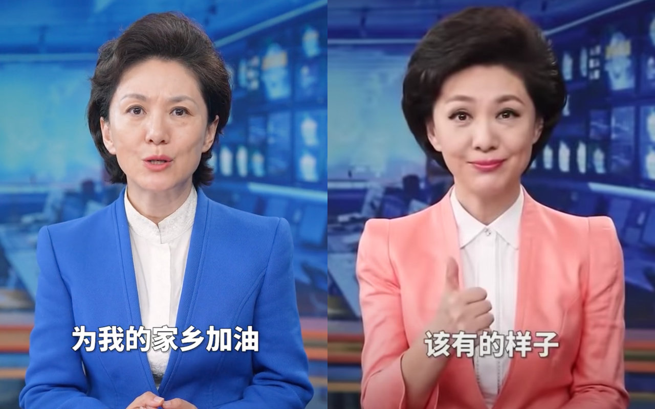 《央視》主播海霞上週才大讚華北地區應對暴雨相當得宜(右),昨日就發生河南鄭州地鐵淹水災害,釀成多人死傷,官方帳號也將先前的影片刪除,並上傳替河南加油的影片(左)。(翻攝自新聞聯播抖音、YouTube)