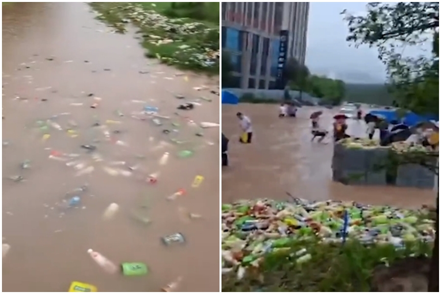 鄭州馬寨鎮的康師傅倉庫因暴雨坍塌，30萬瓶飲料被沖到路上，許多民眾不顧安全涉水狂撿飲料。（翻攝微博）