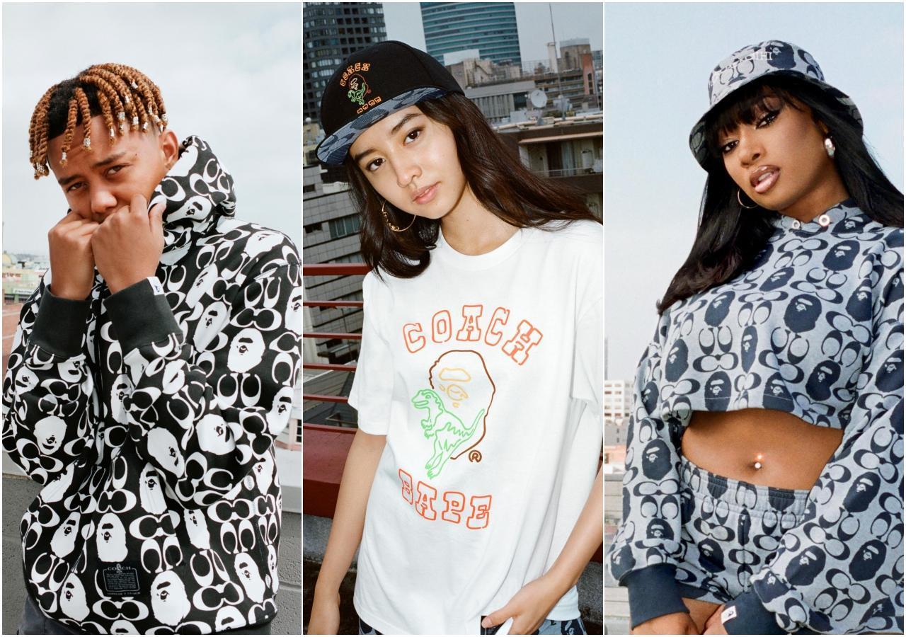 BAPE x COACH聯名系列形象廣告邀請(左起)美國當紅饒舌歌手Cordae、日本代言人Kōki木村光希以及Megan Thee Stallion參與拍攝。(COACH提供)