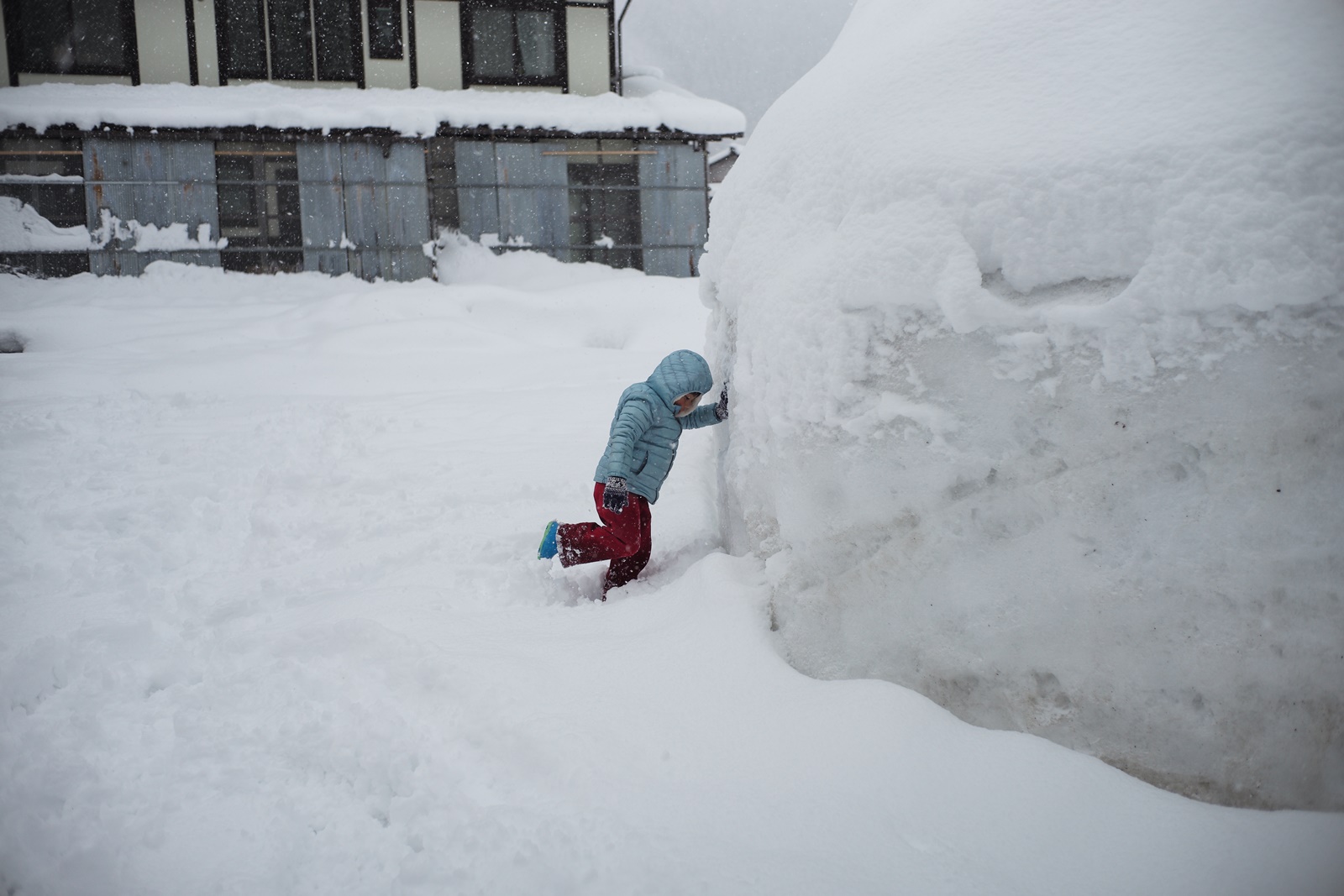 男孩在雪地裡滾著比自己大3倍的雪球。