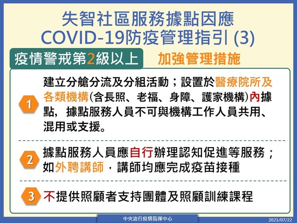 指揮中心對施至社區據點因應，相關防疫管理指引。（指揮中心提供）