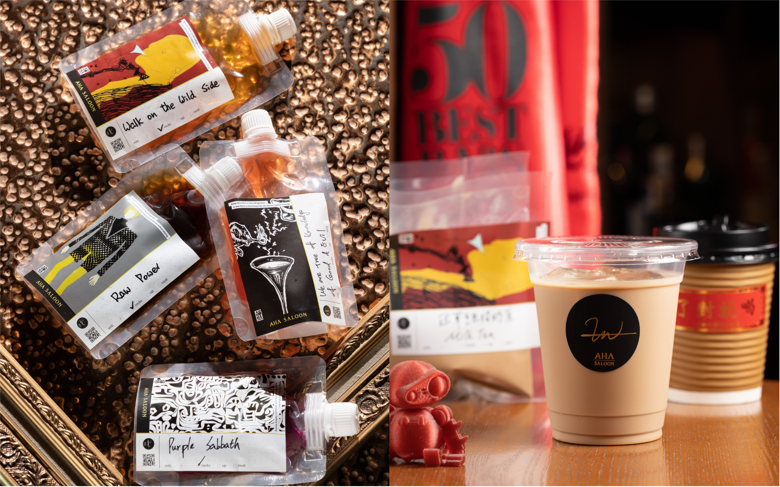 調酒外帶一開放，「AHA Saloon」迅速推出不含氣泡的調酒（左）和冠軍奶茶（右）外帶服務，增加營收。