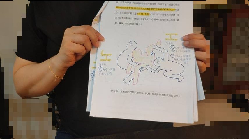 A女拿出案發當時的監視器畫面繪圖，怒控遭到葉、郭2名富商性侵。（畫面經特殊處理）