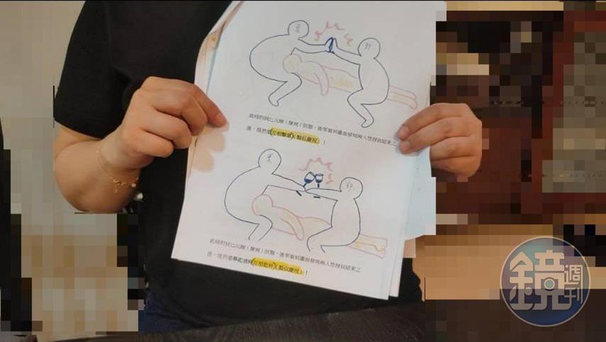 A女遭2名富商性侵時，2人還互相乾杯、擊掌慶祝。（畫面經特殊處理）
