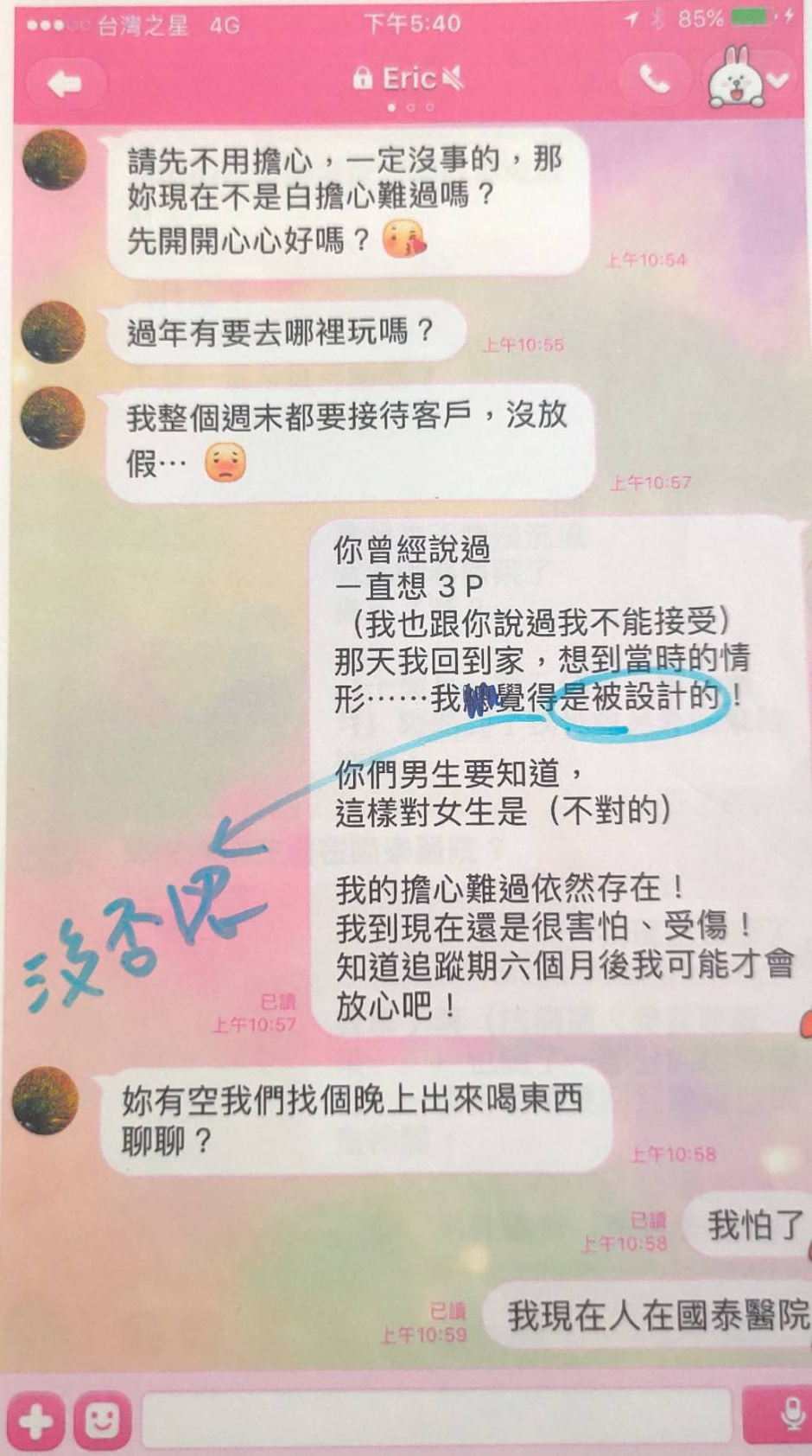 A女認為遭2名富商設局性侵，事後傳訊質問對方。