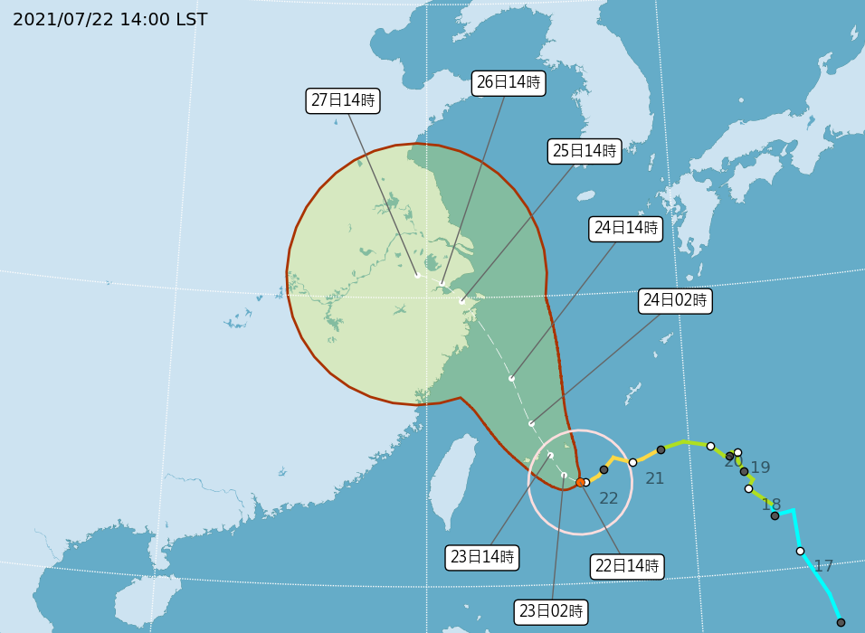 氣象局預估24日颱風會加速通過台灣。(翻攝自氣象局)