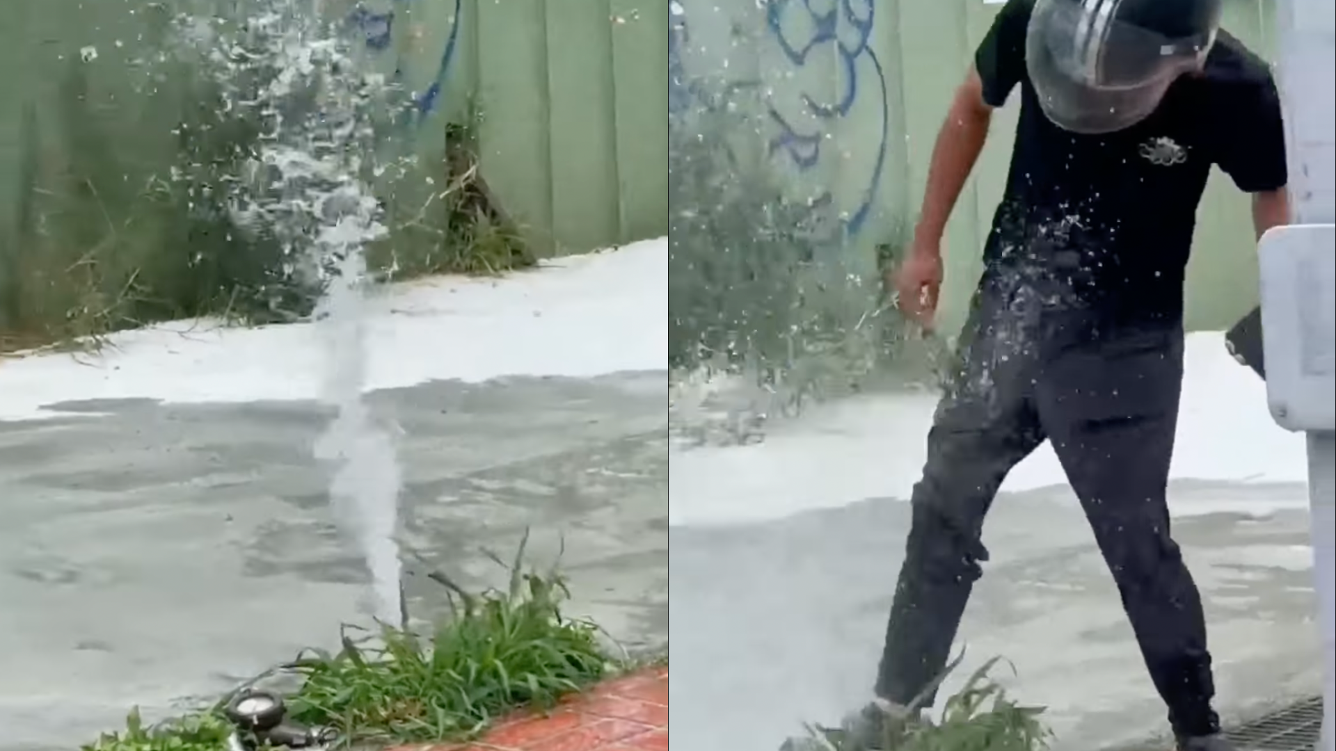 男子疑似撞壞水表，自來水從破裂處大量噴射。（翻攝自臉書社團「爆怨2公社」）