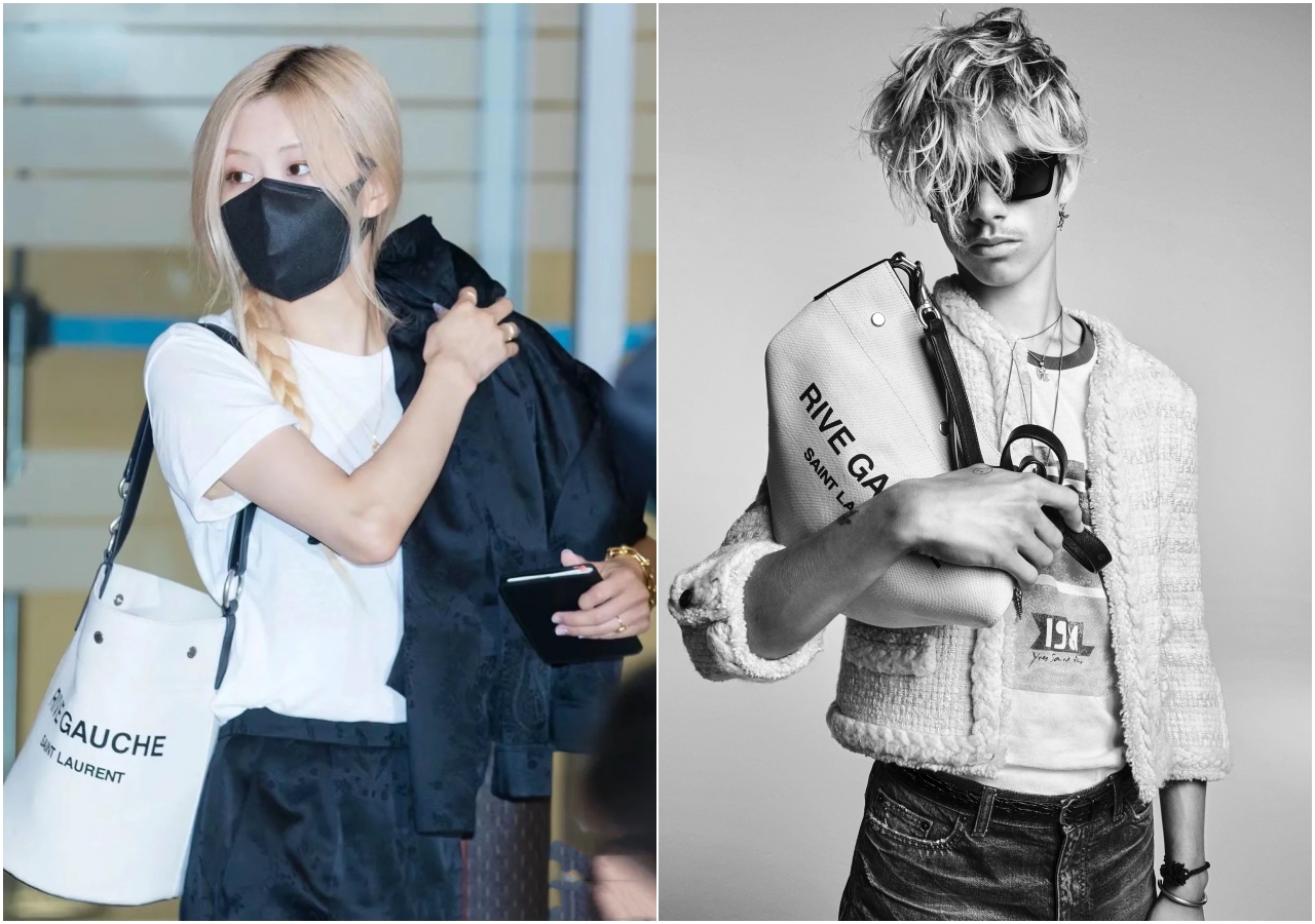 （左起）BLACKPINK的ROSÉ、貝克漢二兒子Romeo Beckham，都示範出RIVE GAUCHE帆布水桶包的中性包款魅力。（SAINT LAURENT提供）