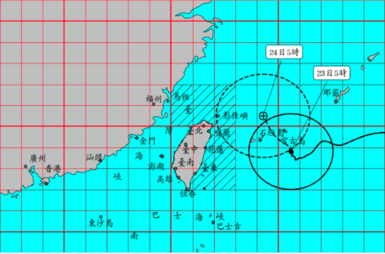 中央氣象局表示，颱風中心在台北東南東方海面，向西北轉北北西移動。（氣象局提供）
