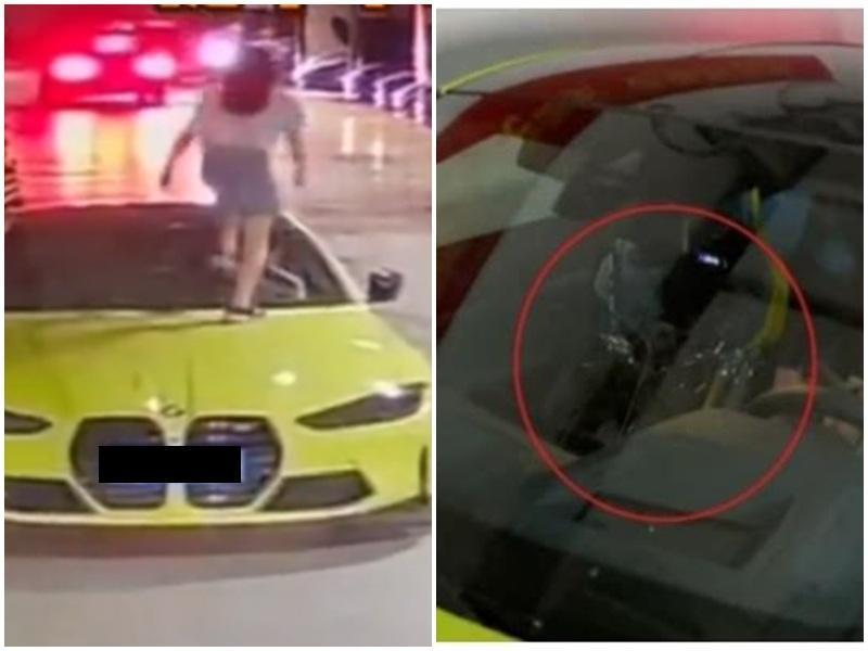 BMW跑車擋風玻璃被女童踩碎，引發軒然大坡，結局卻逆轉。（翻攝自微博）
