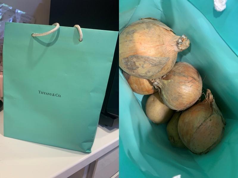 日向藍子打開Tiffany&Co.紙袋後,發現裝的竟是蔬菜,也令網友感嘆「男女思考差很大!」(翻攝自hinaai0924推特)