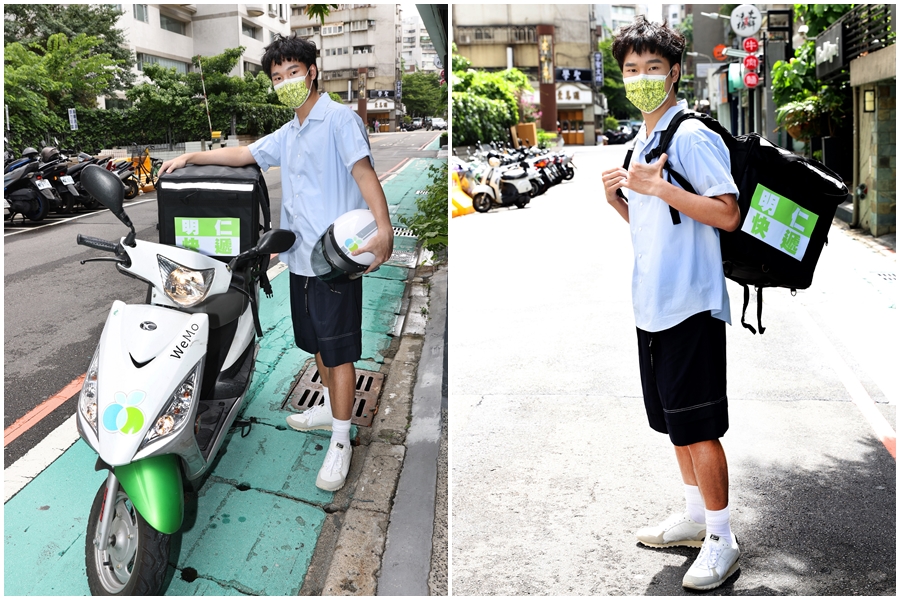 蔡明仁首次「兼差」快遞工作，為了讓自己心態更貼近快遞員，騎摩托車繞了大台北一圈，實際體驗在烈陽下送貨的辛苦。（一切好音樂工作室提供）