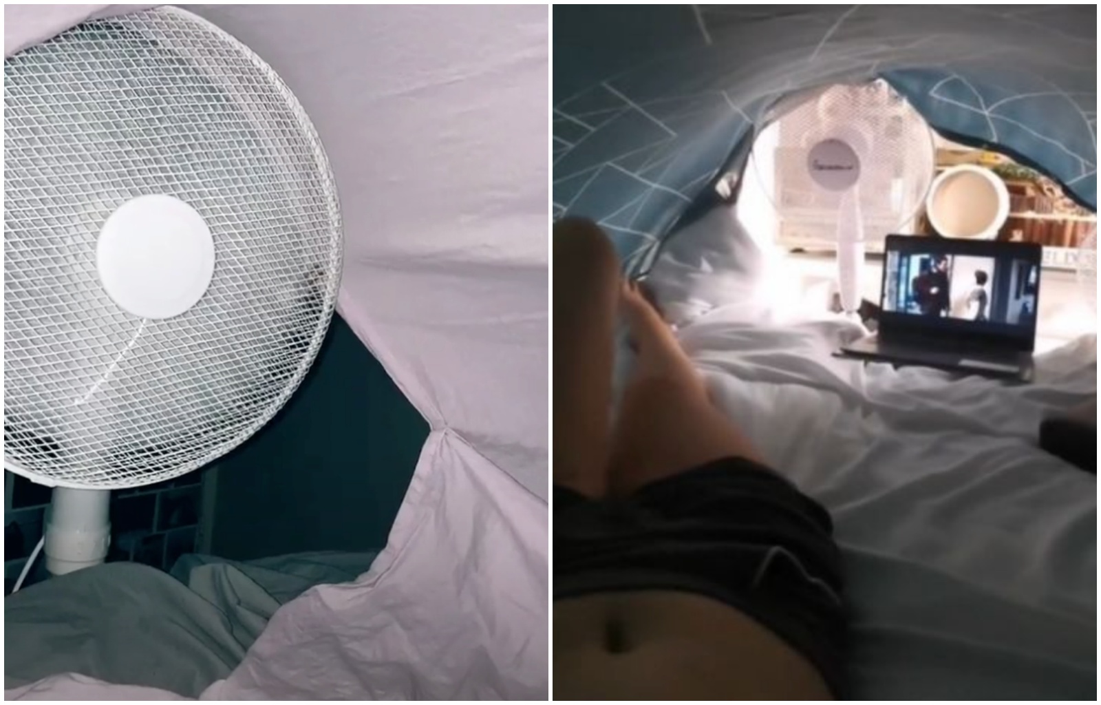 外國網友發現用「電扇＋棉被」也可以很涼快，妙招曝光後引來其他網友討論。（翻攝自http._valery、skyecotter TikTok）