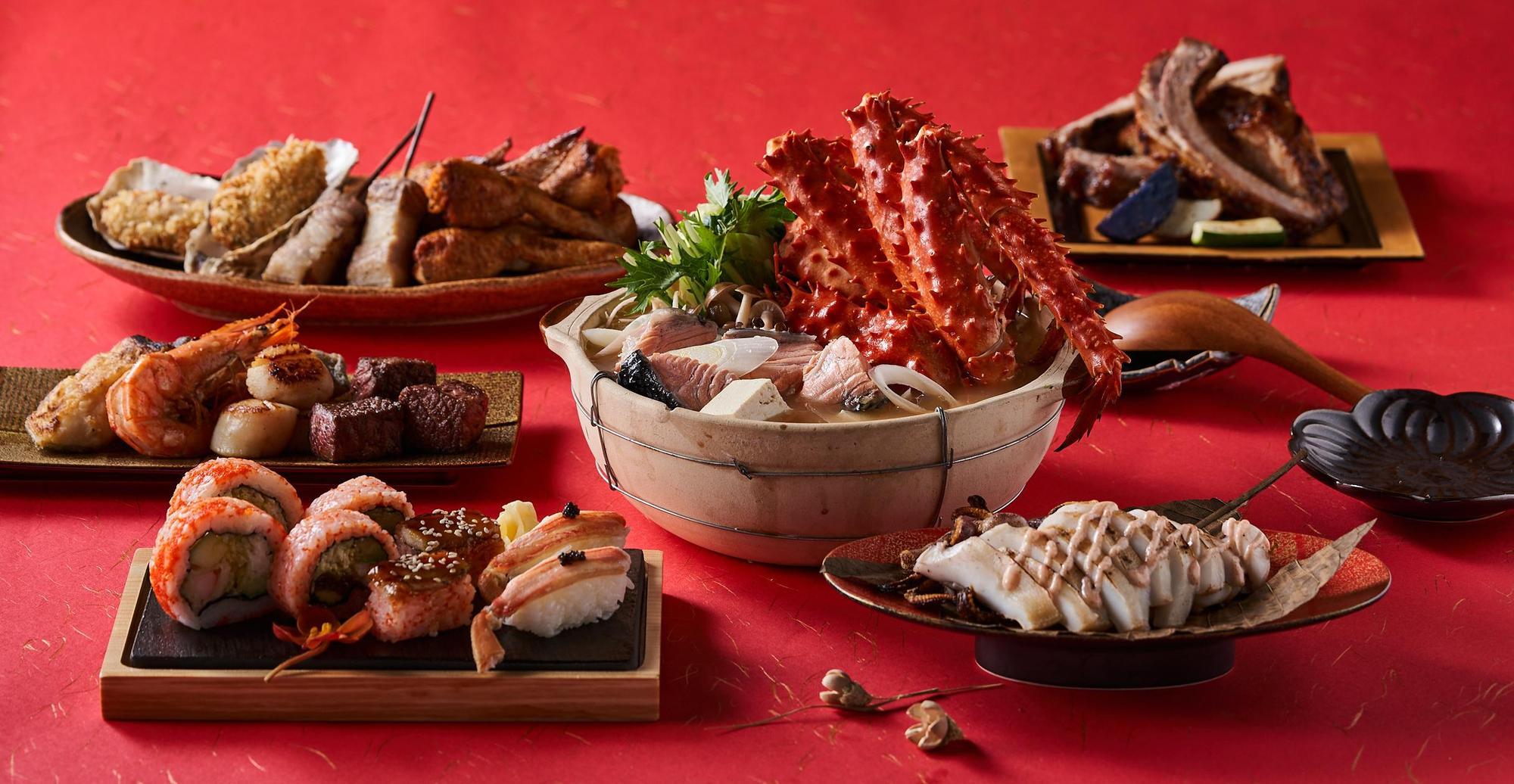 旭集外帶父親節套餐內含壽司特盛、帝王蟹鮭魚石狩鍋、軟絲朴葉燒佐明太子美乃滋等8道料理。(3888元/4人份)(饗賓集團提供)