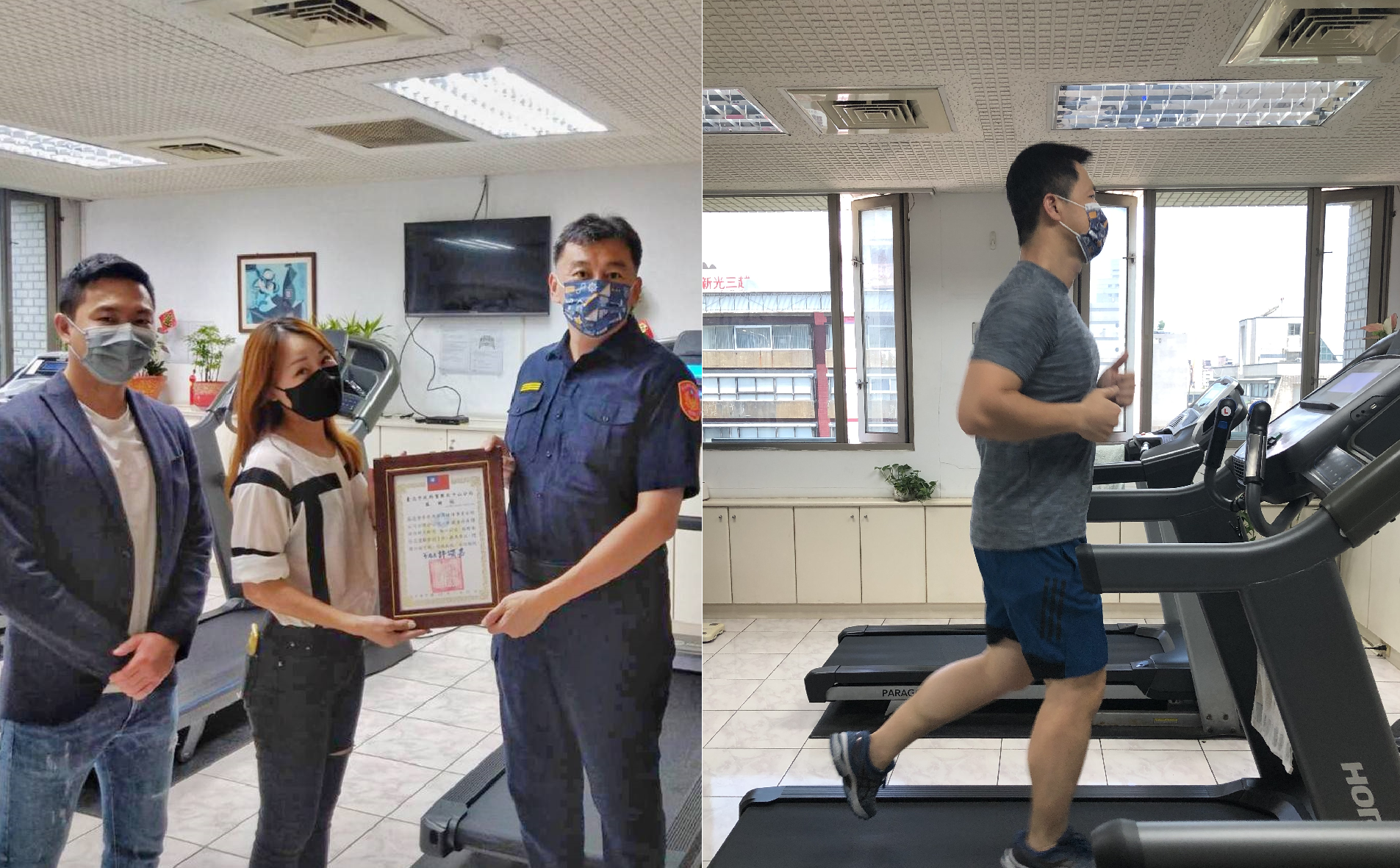世界健身贈送中山警分局2台跑步機供同仁使用,由分局長許頌嘉代表受贈。(中山分局提供)