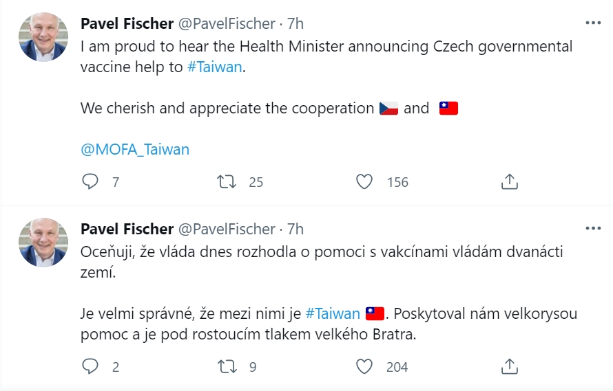 參議院外交委員會主席費雪稱,很高興聽見衛生部長宣布捐贈疫苗幫助台灣。(翻攝自費雪推特)