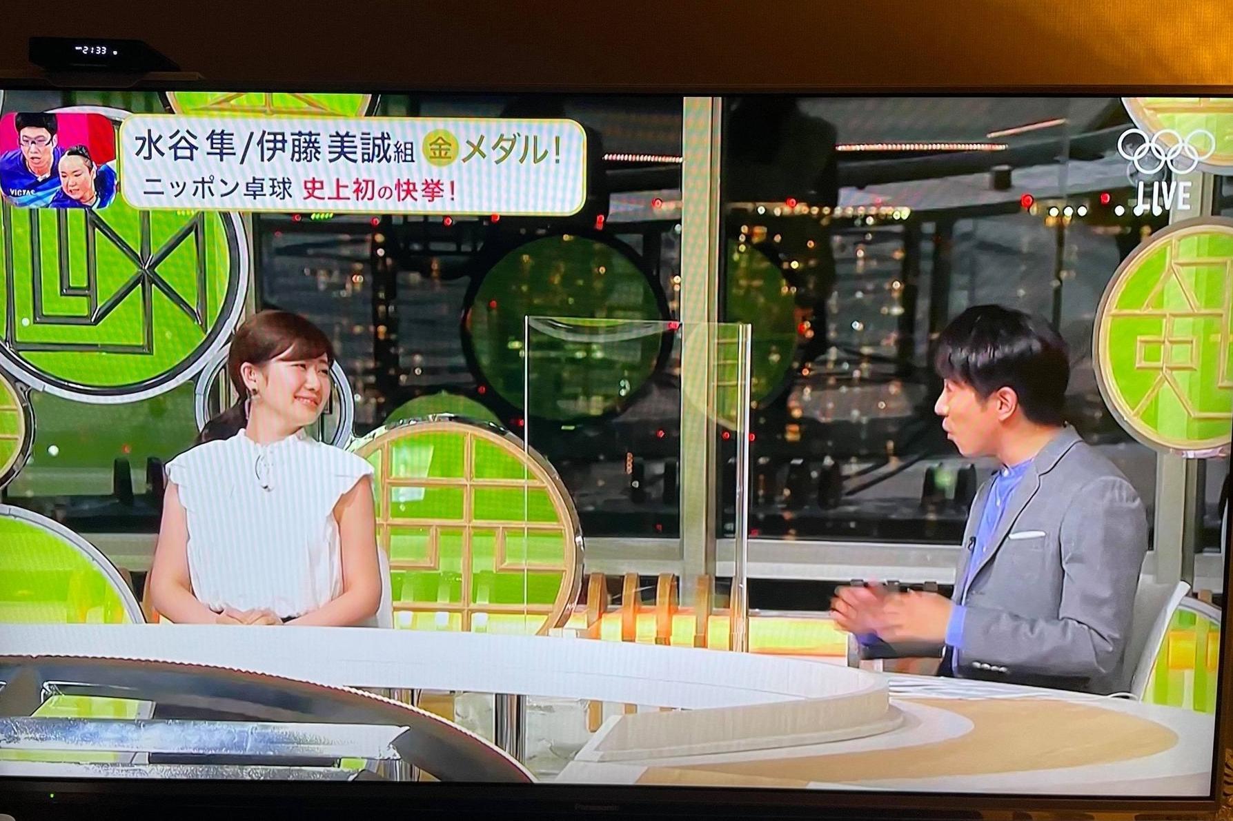 福原愛與關8的村上信五同台，她的講解獲得多數好評。 （翻攝富士電視台、讀者提供）