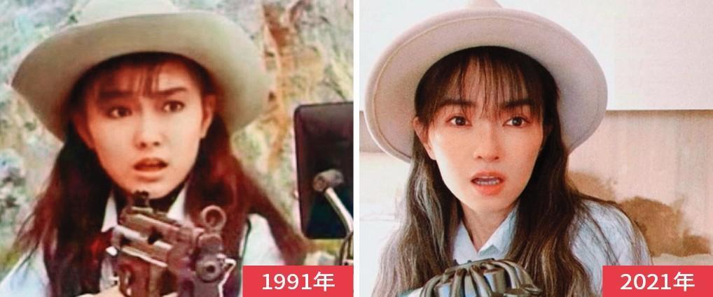 日前謝金燕拿起吸塵器,神復刻約30年前的作品《新七龍珠》(右圖),看得出小時候的她(左圖)比較圓潤。(翻攝自謝金燕IG)