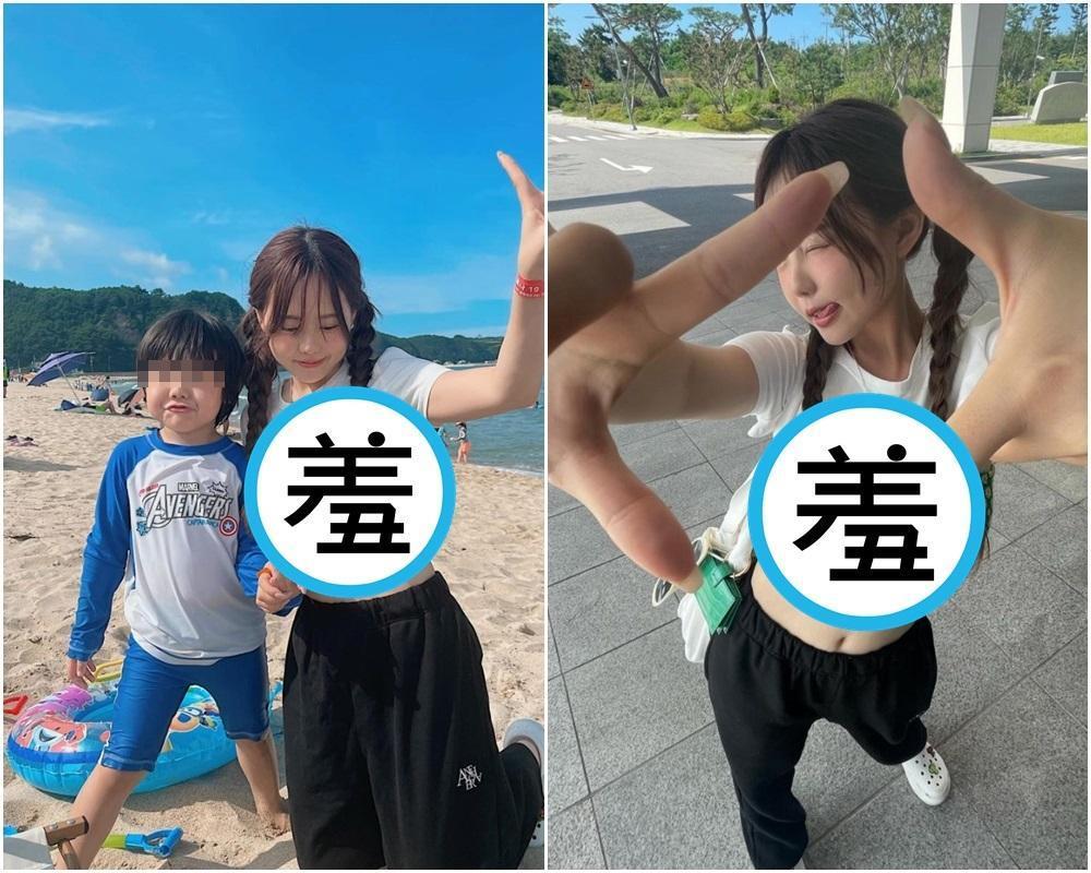 韓國網紅洪瑛琦帶孩子戲水，身穿超短上衣好火辣。（翻攝洪瑛琦Instagram）
