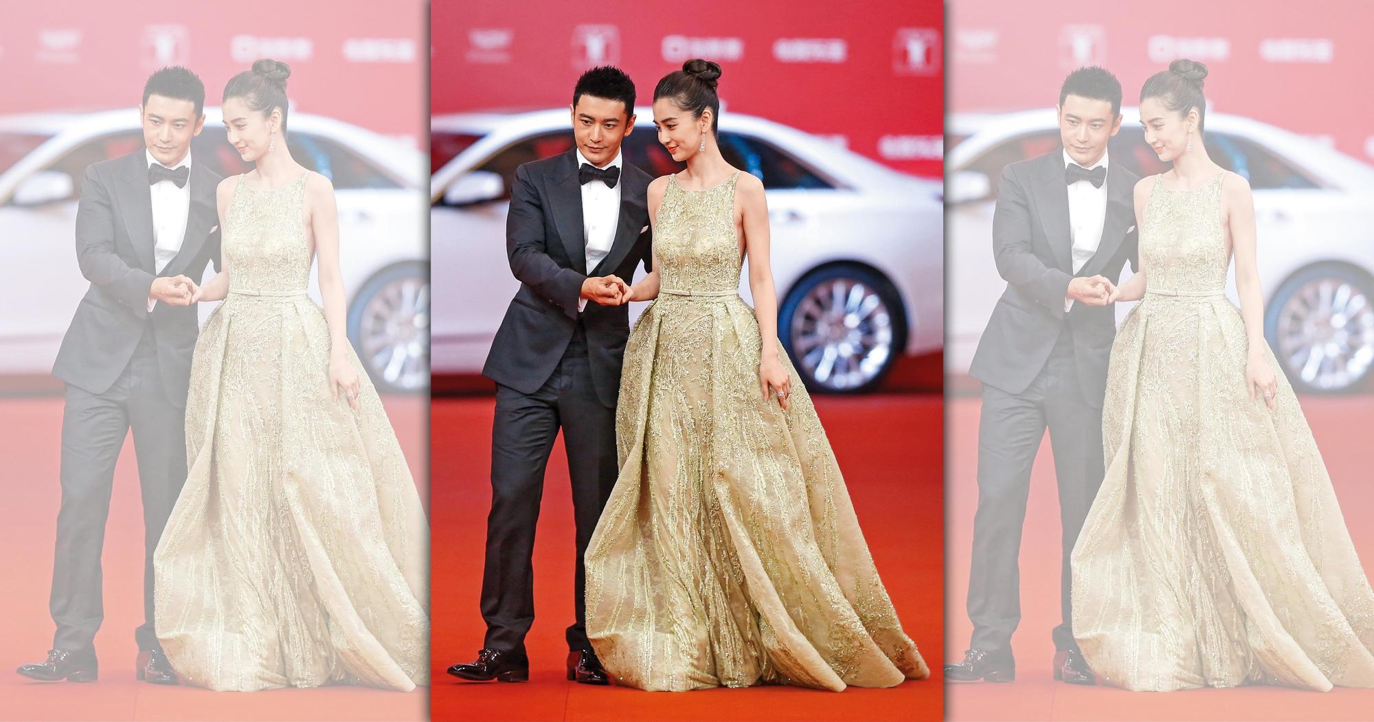過去黃曉明與Angelababy(右)出雙入對走紅毯的場面,這2年都沒再看過。(東方IC)